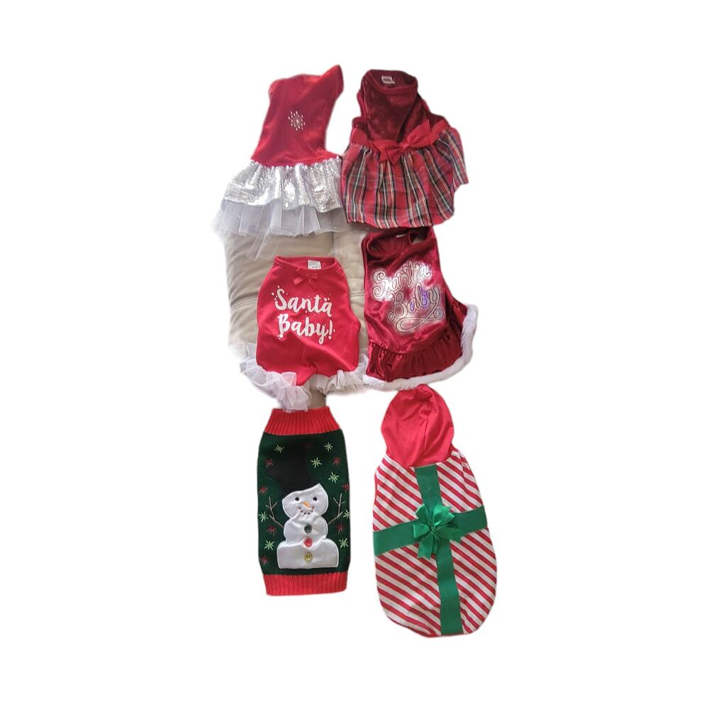 Lot of 6  Dog Christmas Sweaters Dresses and‎ Shirts Size Medium Various Brands